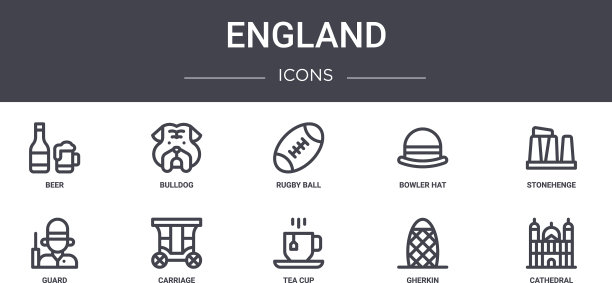 英格兰概念线图标集包含图标图片下载