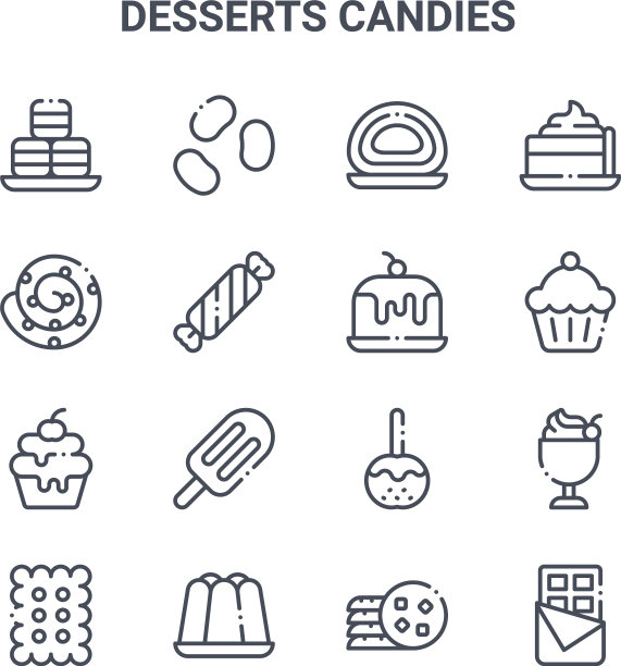 设置16个甜点糖果概念线图标图片下载