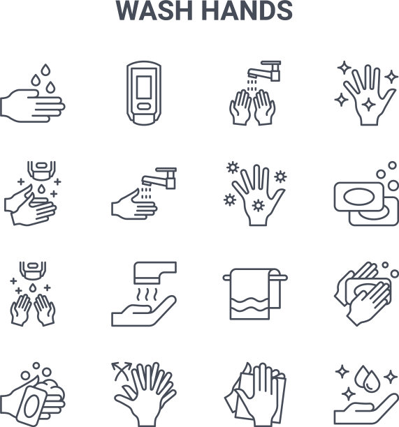 设置16个洗手概念线图标64x64图片下载