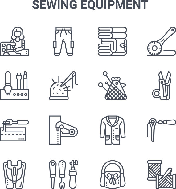 设置16个缝纫设备概念线图标图片下载
