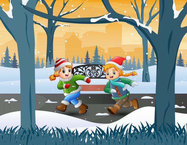 两个女孩在冬季公园的风景中奔跑图片下载