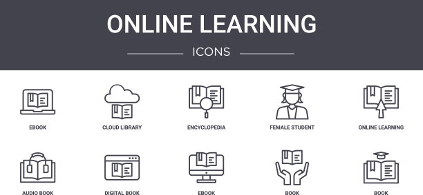 在线学习概念线图标集包含图片下载
