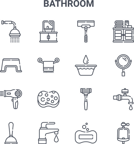 设置16个浴室概念线图标64x64薄图片下载