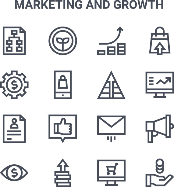 设置16个营销和增长概念线图标图片下载