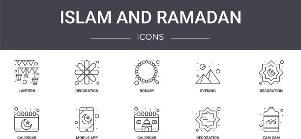 伊斯兰教和斋月概念线图标集包含图片下载