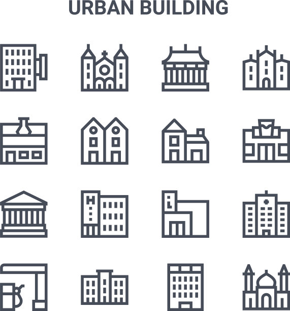 设置16个城市建筑概念线ICONS 64x64图片下载