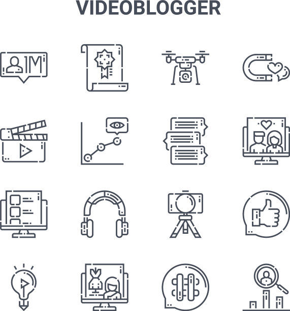 设置16个视频博主概念线图标64x64图片下载