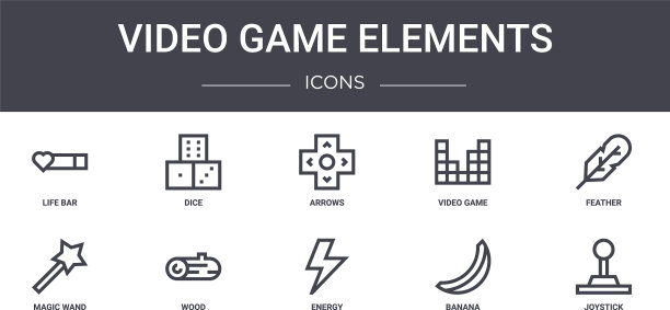 视频游戏元素概念线图标集图片下载