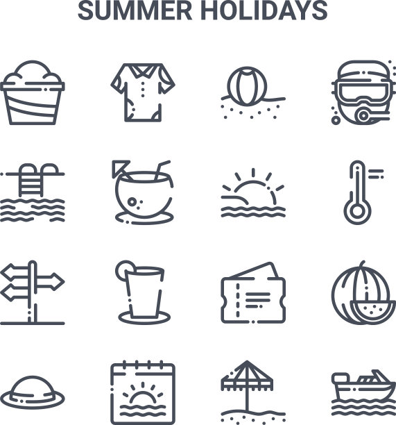 设置16个暑假概念线图标图片下载
