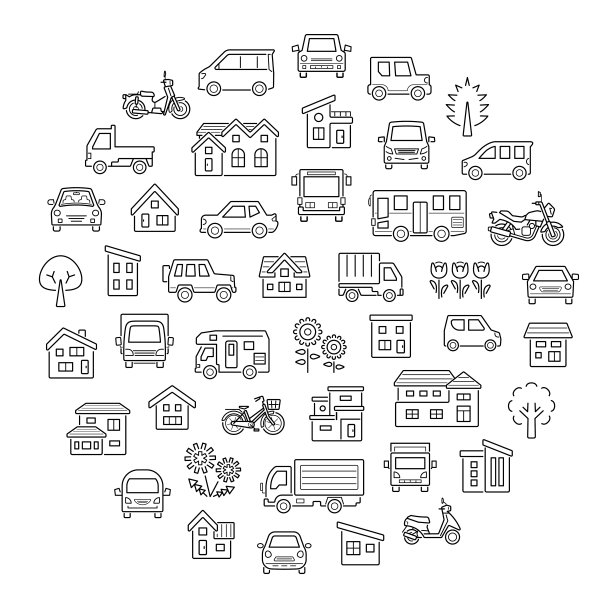 圆形图标画廊的房子和汽车，自行车和植物-只有一线的差距-图片下载