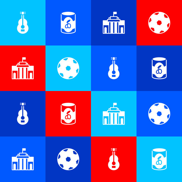 设置西班牙吉他，罐装橄榄，普拉多博物馆和足球图标。向量图片下载