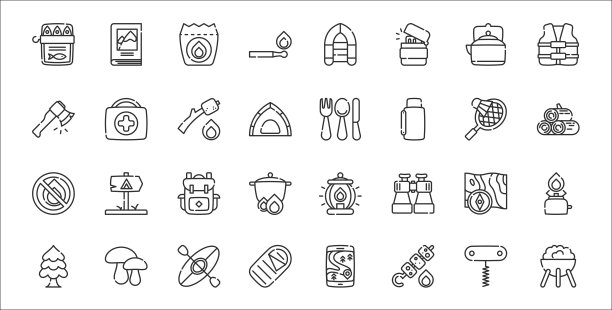 一套32个夏令营瘦轮廓图标，如烧烤，烤肉串，睡袋，松木，地图，背包，柴火，刀叉，急救箱图片下载
