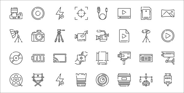 一套32个视频相机薄轮廓图标，如hdmi，物镜，遮阳伞，胶卷卷，vhs，屏幕，播放按钮，视频相机，照片相机图片下载