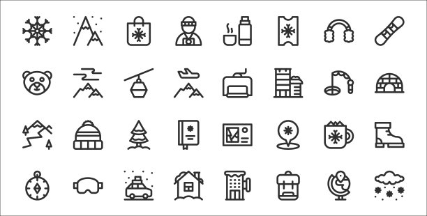 32套冬季旅行薄轮廓图标，如雪，背包，房子，指南针，巧克力牛奶，树，冰屋，滑雪缆车，北极光图片下载