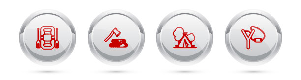 摆线木筏，木斧和木材，带旗和弹弓的旅游帐篷。银圈按钮。向量图片下载