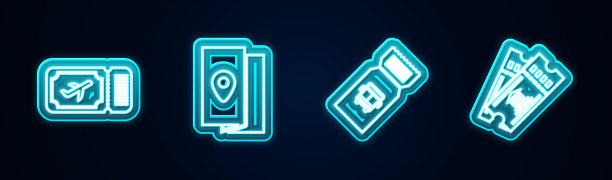 订线机票，封面书旅游指南，巴士和博物馆。发光的霓虹灯图标。向量图片下载