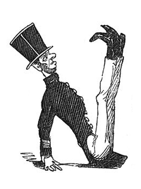 英国讽刺漫画插图-男人在一个家庭工作人员制服与大礼帽坐在地上用他的腿做一个V图片下载