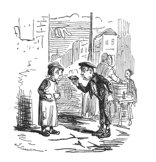 英国讽刺漫画漫画插图-两个男孩在街上看着一个男孩手里拿着的牡蛎图片下载