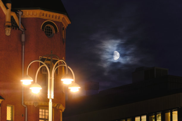 在月亮下的古老欧洲城市的夜景。图片下载