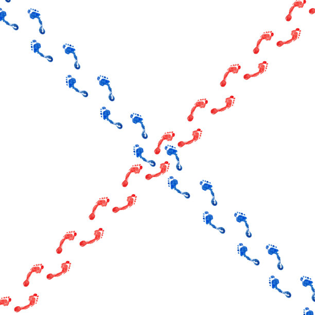 十字路口红色和蓝色的人类脚印白色背景孤立，赤脚的脚印图案，十字路口的步行道，光脚的路线，两条对角线说明图片下载