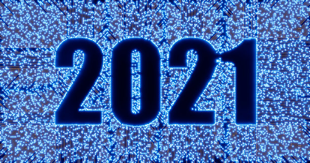 3 d渲染。电子电路风格的2021字母插图，带有霓虹灯轨道和触点。高技术背景。图片下载