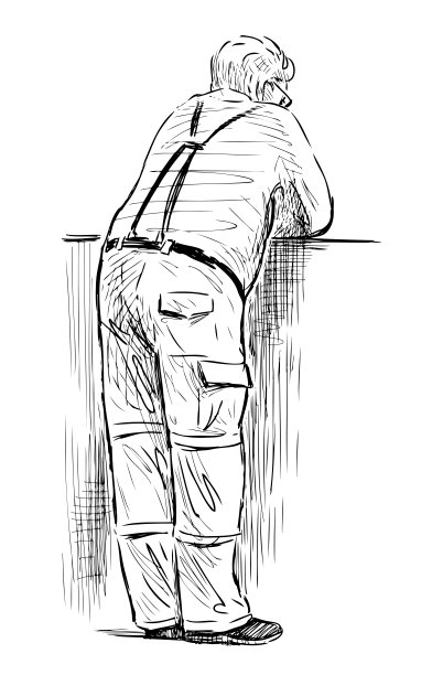 一个疲惫的老人站在户外休息的素描图片下载