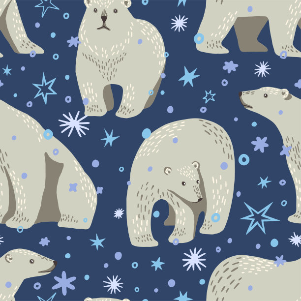 可爱的北极熊平手绘矢量无缝图案。色彩丰富的壁纸，斯堪的纳维亚风格。摘要冬季动物背景。可爱的设计，印刷，包装，纺织品，织物，装饰，卡片等图片下载