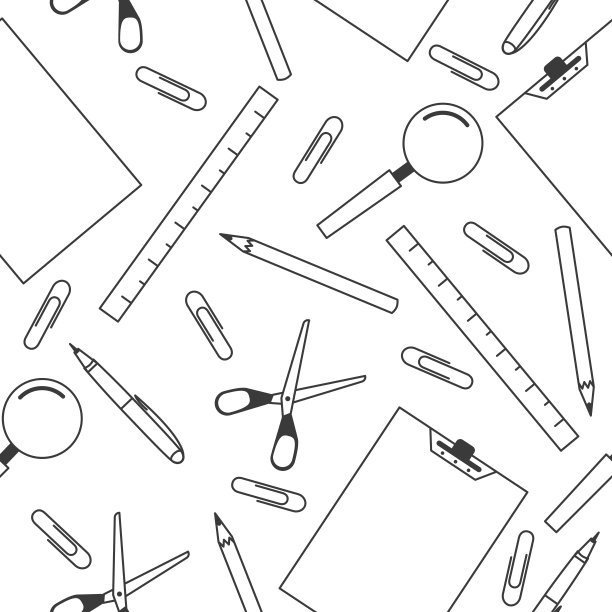 学校或办公设备无缝模式。剪刀，钢笔，铅笔，线，回形针，放大镜和纸平板图案孤立在白色的背景。图片下载
