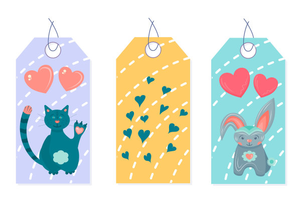 一套情人节标签与可爱的动物和心孤立在白色的背景。2月14日情人节的标签。图片下载