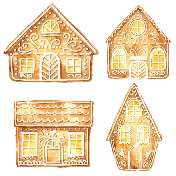 水彩画姜饼屋设置在白色的背景。水彩画圣诞食品插图。图片下载