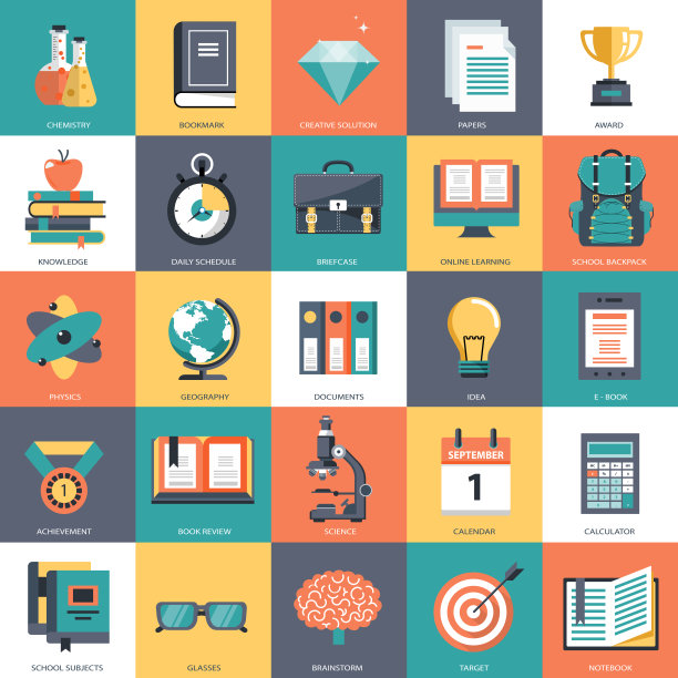 商业教育图标集。科学，数学，电子学习和图标知识集。平面向量插图图片下载