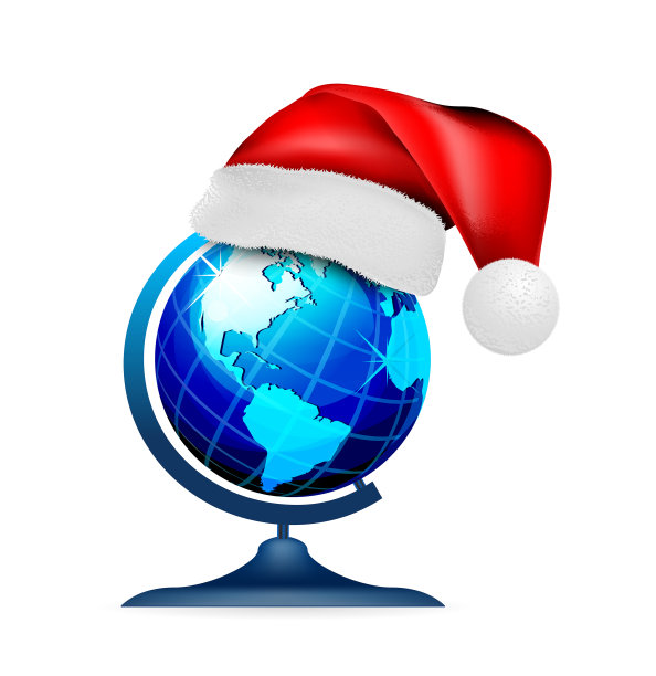 环球站在圣诞老人的帽子，在一个白色的背景。向量图片下载