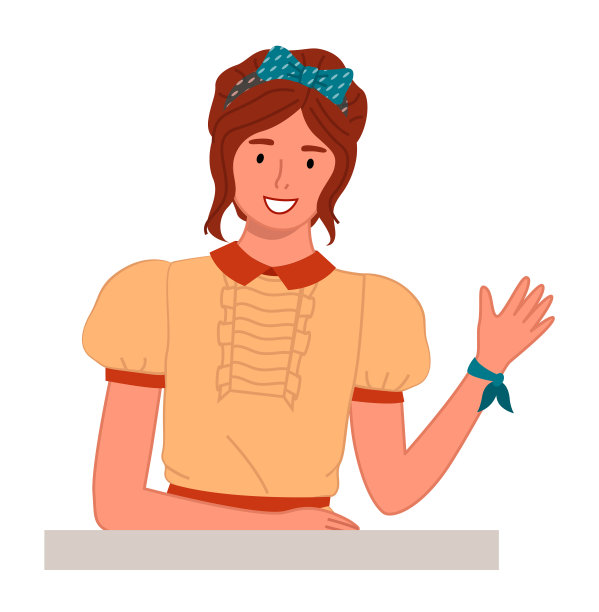 快乐的年轻女孩微笑着挥手。有发饰的女人。戴蓝手镯的女士。平面图像图片下载