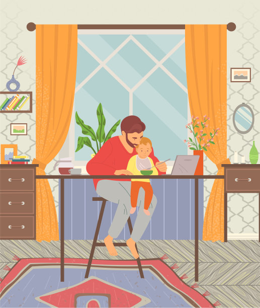 父亲坐在餐桌旁，用围嘴喂婴儿。桌上放着笔记本电脑，该吃午饭了。平的矢量图图片下载