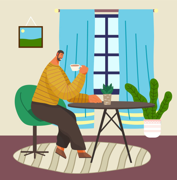 卡通男性人物坐在桌子旁喝茶，舒适的室内，盆栽植物。呆在家里图片下载