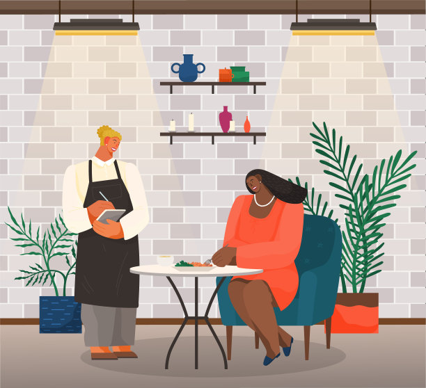 一个女人坐在桌子边吃沙拉，女服务员拿着一张纸站在那里写订单图片下载