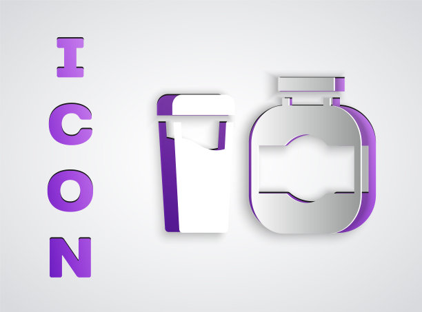 剪纸运动营养健身蛋白质饮料和食品图标孤立在灰色背景。纸艺术风格。向量图片下载