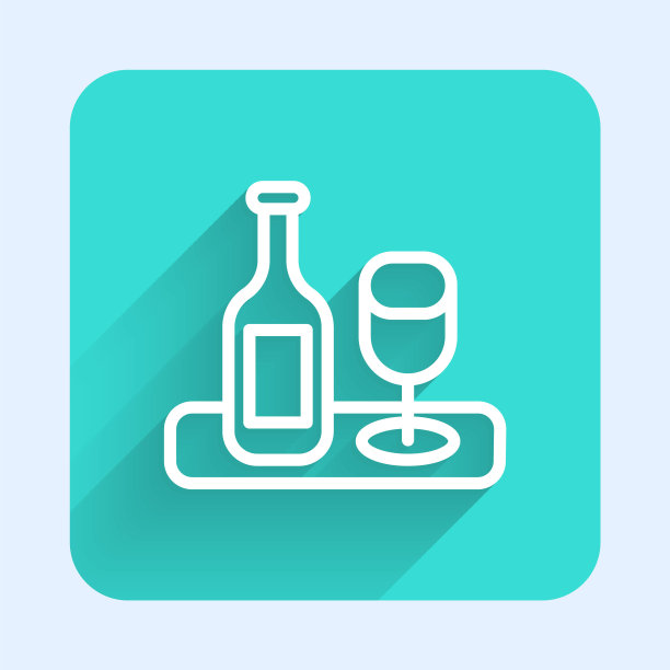 白色线葡萄酒瓶与玻璃图标孤立与长阴影。绿色广场按钮。向量图片下载