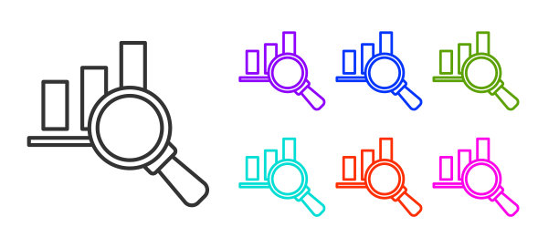 黑线放大镜和数据分析图标孤立在白色背景上。设置图标丰富多彩。向量图片下载