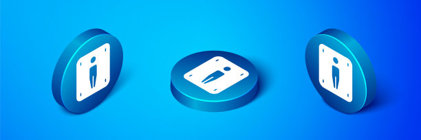 男性厕所图标隔离在蓝色背景。WC的迹象。卫生间。蓝色圆按钮。向量图片下载