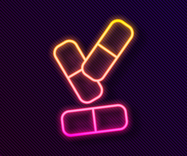 发光的霓虹灯线维生素药丸胶囊图标孤立在黑色背景。健康的生活方式。向量图片下载