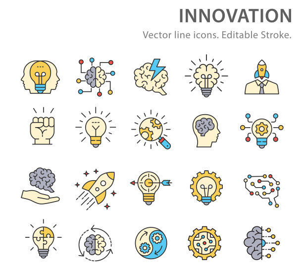 创新图标设置为平线。矢量插图。可编辑的中风。图片下载