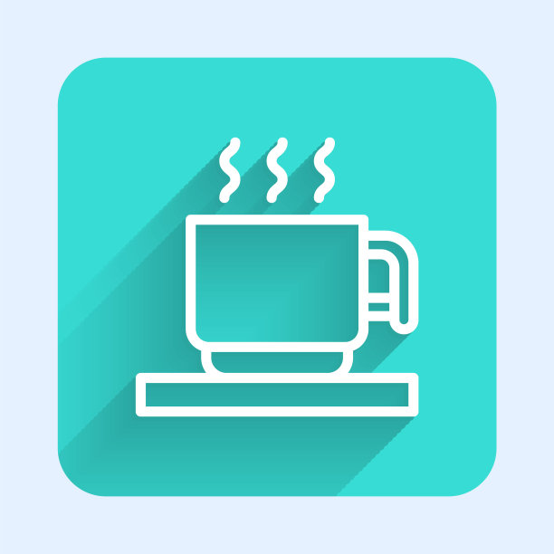 白色线条热巧克力棉花糖杯图标，绿色方形按钮矢量图图片下载