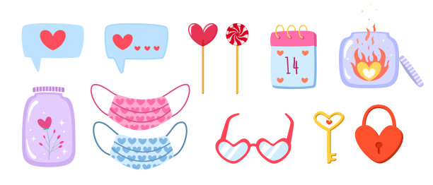 情人节与卡通风格中的爱情元素隔绝。手画浪漫的心形涂鸦，面具，棒棒糖，眼镜，日历，钥匙和锁。美丽的矢量图图片下载