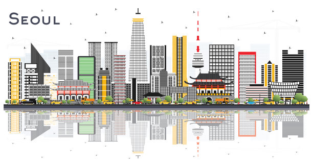 韩国首尔城市天际线与彩色建筑和反射孤立在白色。图片下载