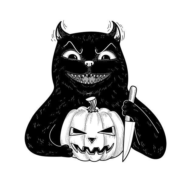不祥的魔鬼黑猫与万圣节南瓜和刀。平面卡通人物孤立在白色背景图片下载