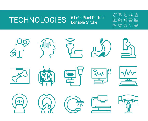 一套现代医疗技术的医学图标。医疗设备。可编辑的矢量描边。64x64像素完美。图片下载