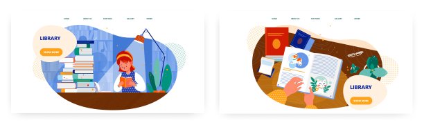 库登陆页面设计，网站横幅矢量模板集。女孩坐在桌子旁看书。知识教育图片下载