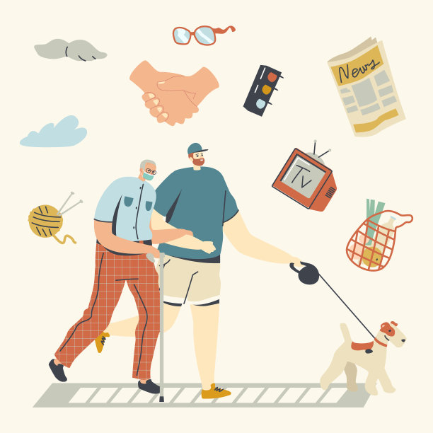 志愿者帮助老人戴医用口罩行走图片下载