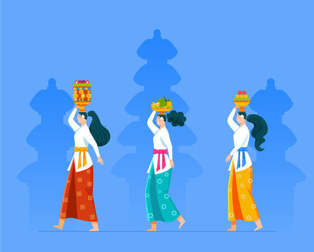 步行的巴厘女孩带来水果祭品图片下载